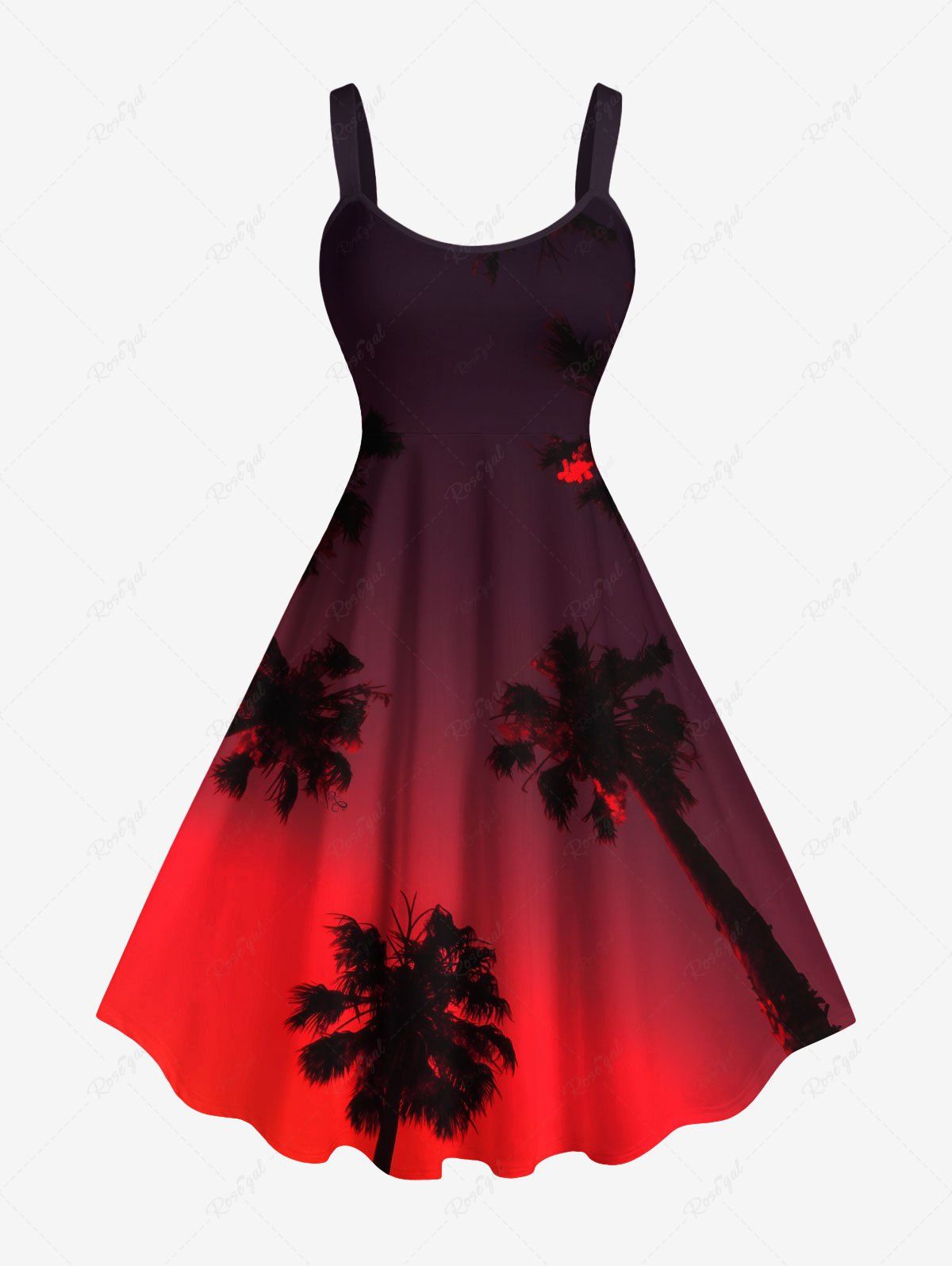 Sale Plus Size Coconut Tree Dip Dye Ombre Sky Print Hawaii A Line Tank Dress  