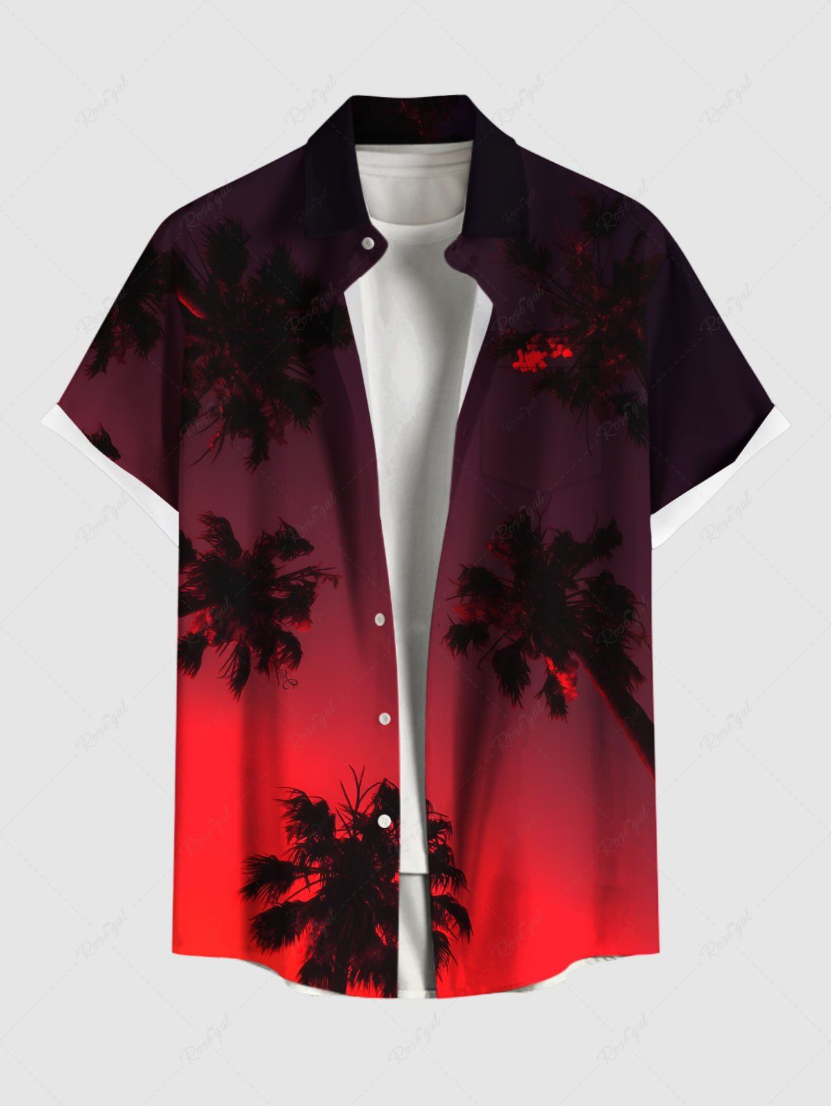 Chemise hawaïenne grande taille à imprimé cocotiers, dip dye, ciel ombré, boutonnée et poche pour homme Rouge M