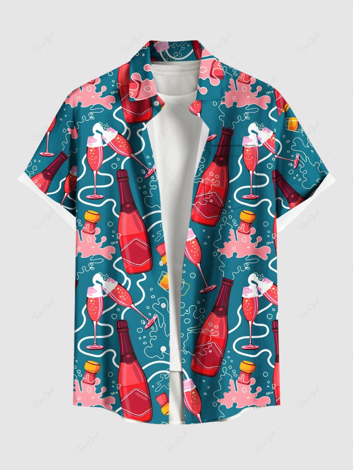 Latest Plus Size Wine Bottle Sea Print Hawaii Button Pocket Shirt For Men  