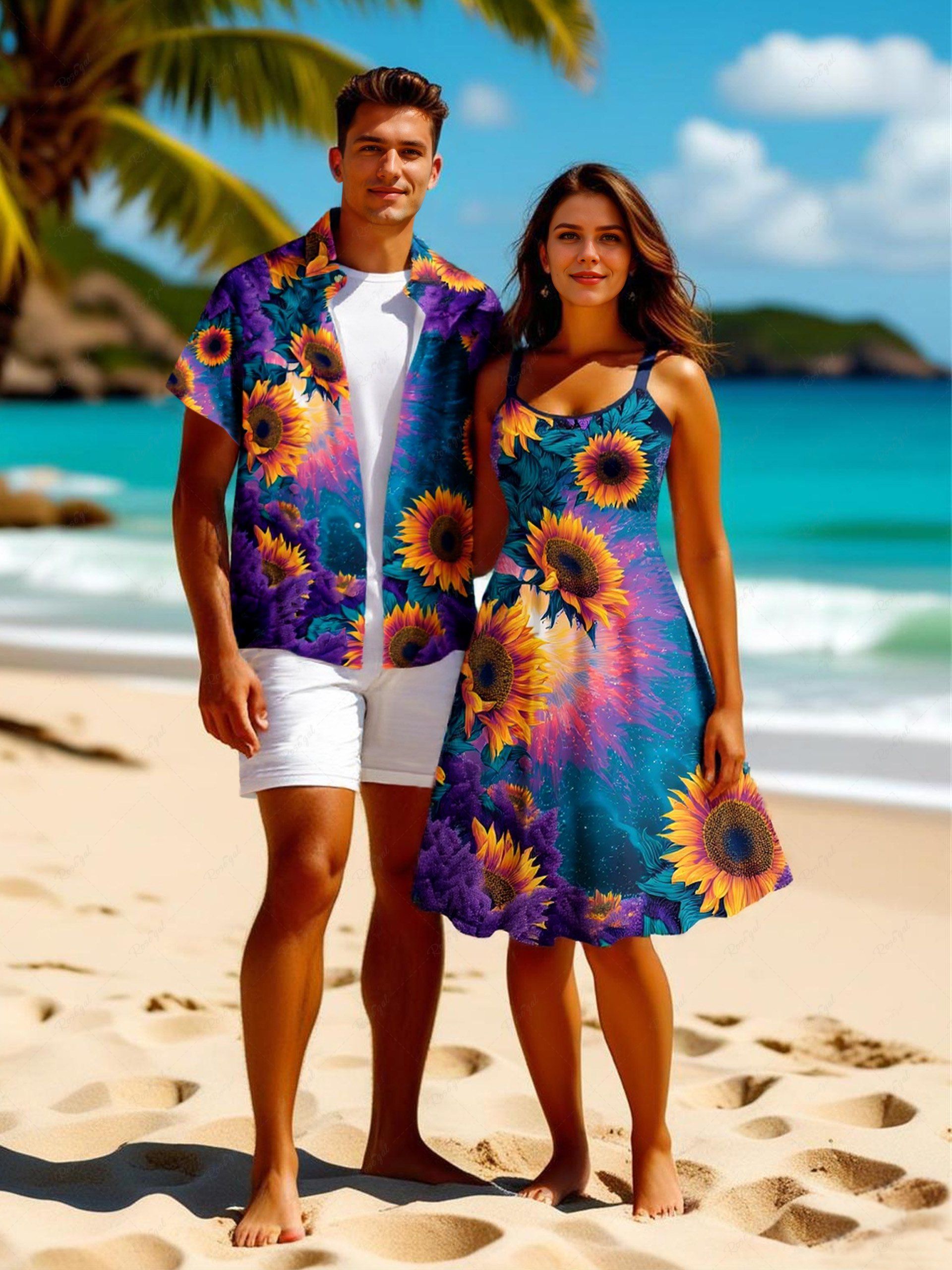 Tenue de plage hawaïenne assortie grande taille à imprimé tournesol ombré pour couples Bleu Ciel 