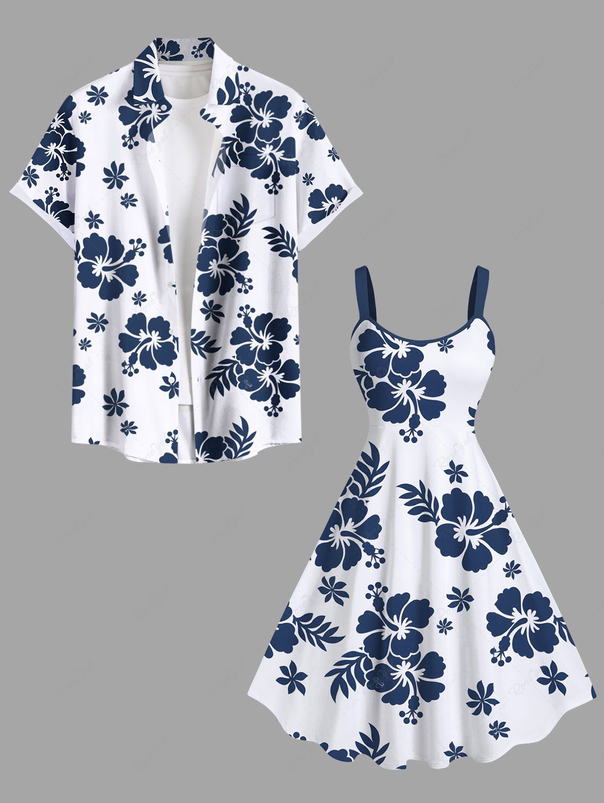 Tenue de plage hawaïenne assortie grande taille à imprimé feuilles tropicales et fleurs d'hibiscus pour couples Blanc 