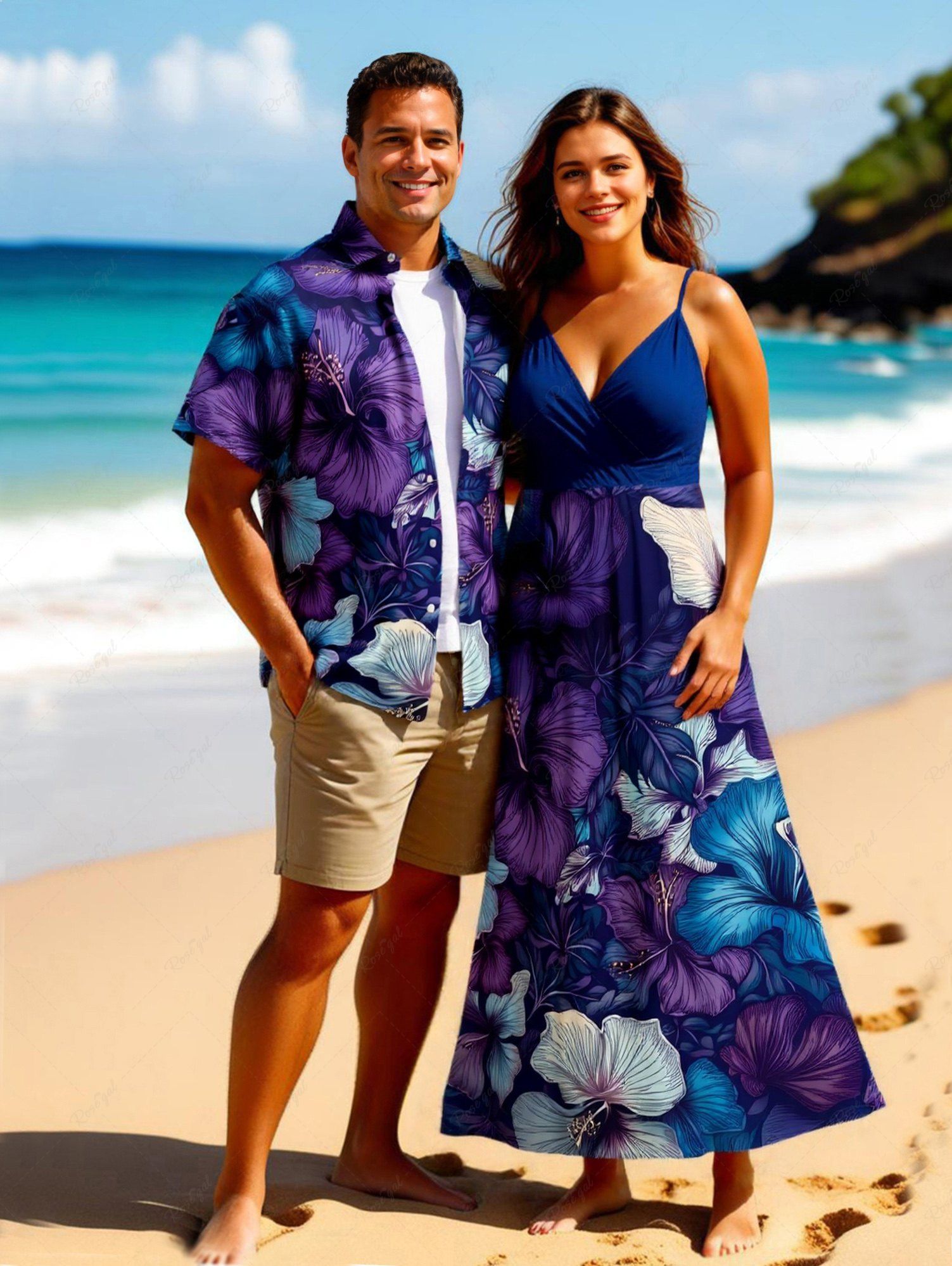 Tenue de plage hawaïenne assortie grande taille à imprimé fleurs d'hibiscus pour couples Pourpre  