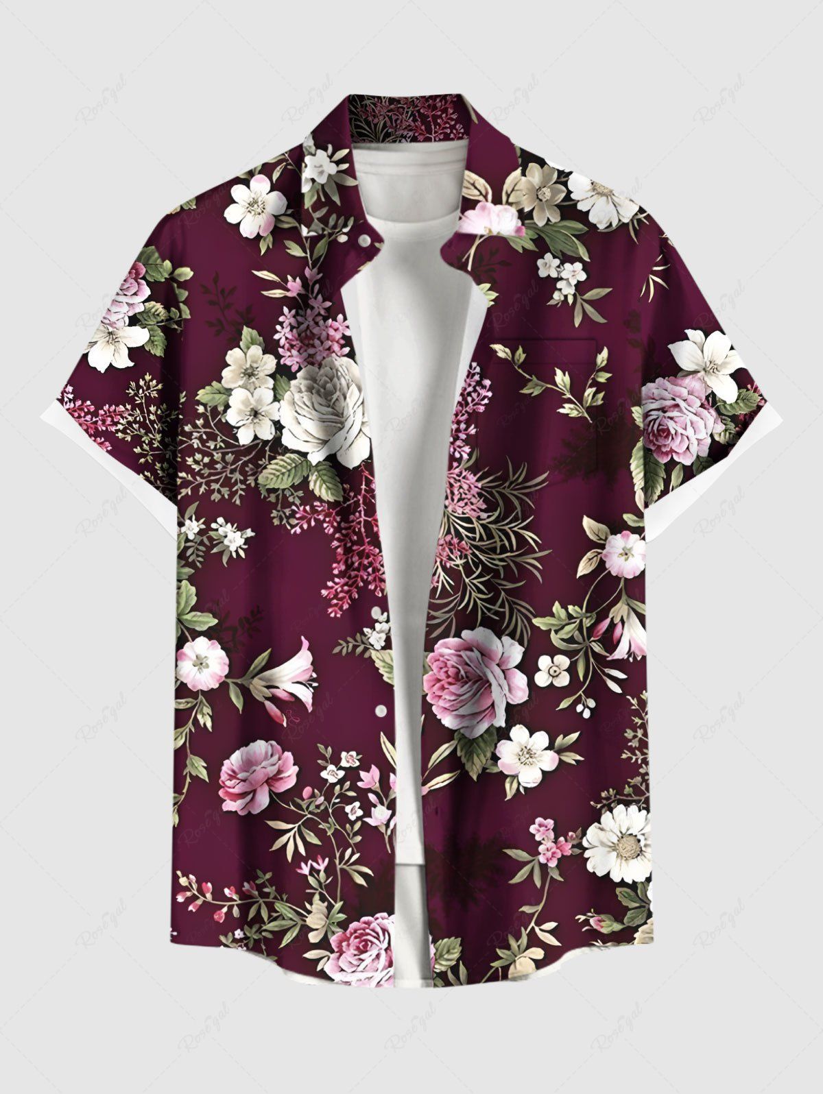 Chemise hawaïenne grande taille à imprimé floral, feuilles et branches, avec poches boutonnées pour homme Rouge foncé 6XL