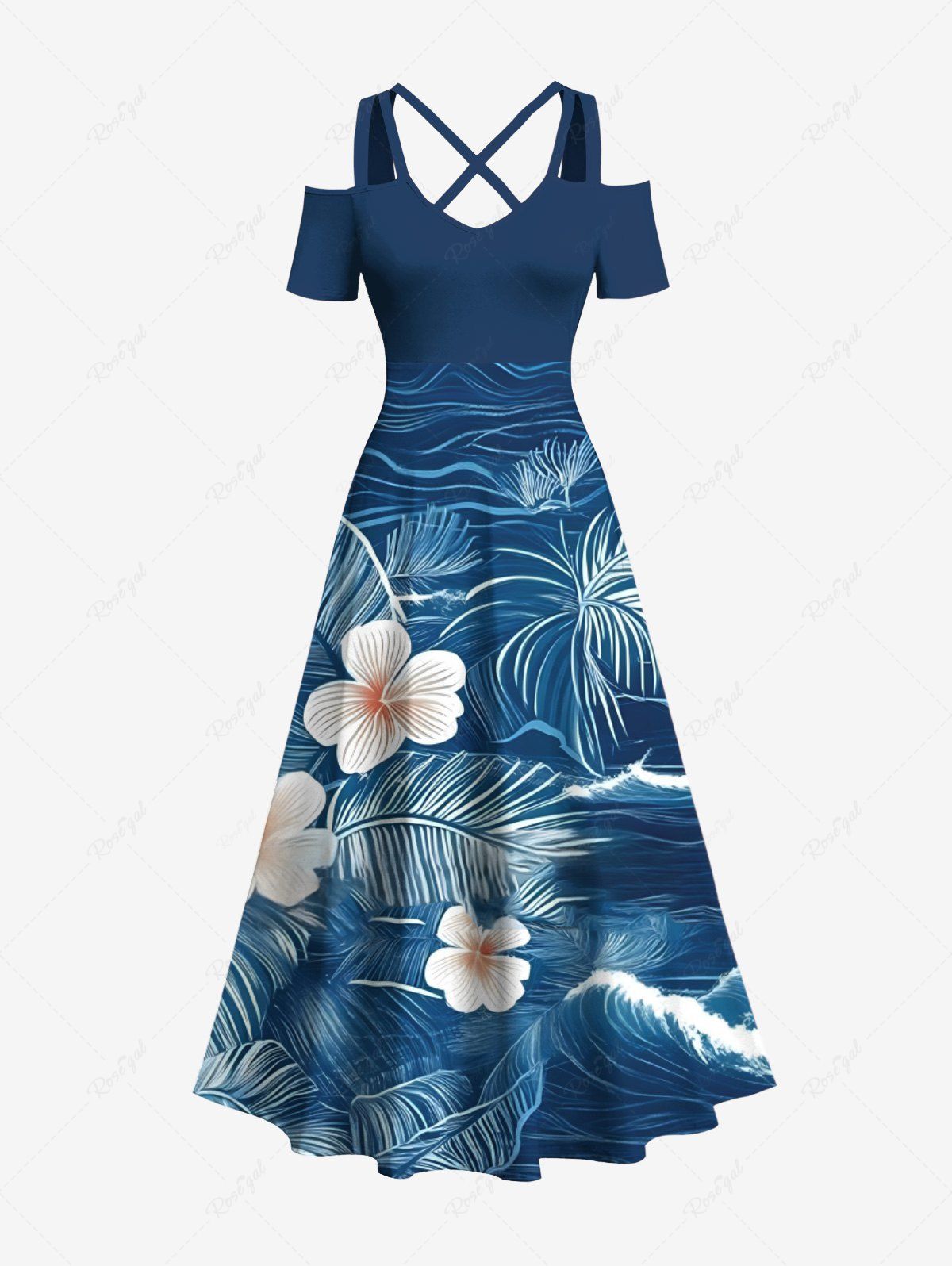 Robe longue trapèze croisée à épaules dénudées et imprimé tropical, motif hibiscus et fleurs, grande taille Bleu Ciel 6X