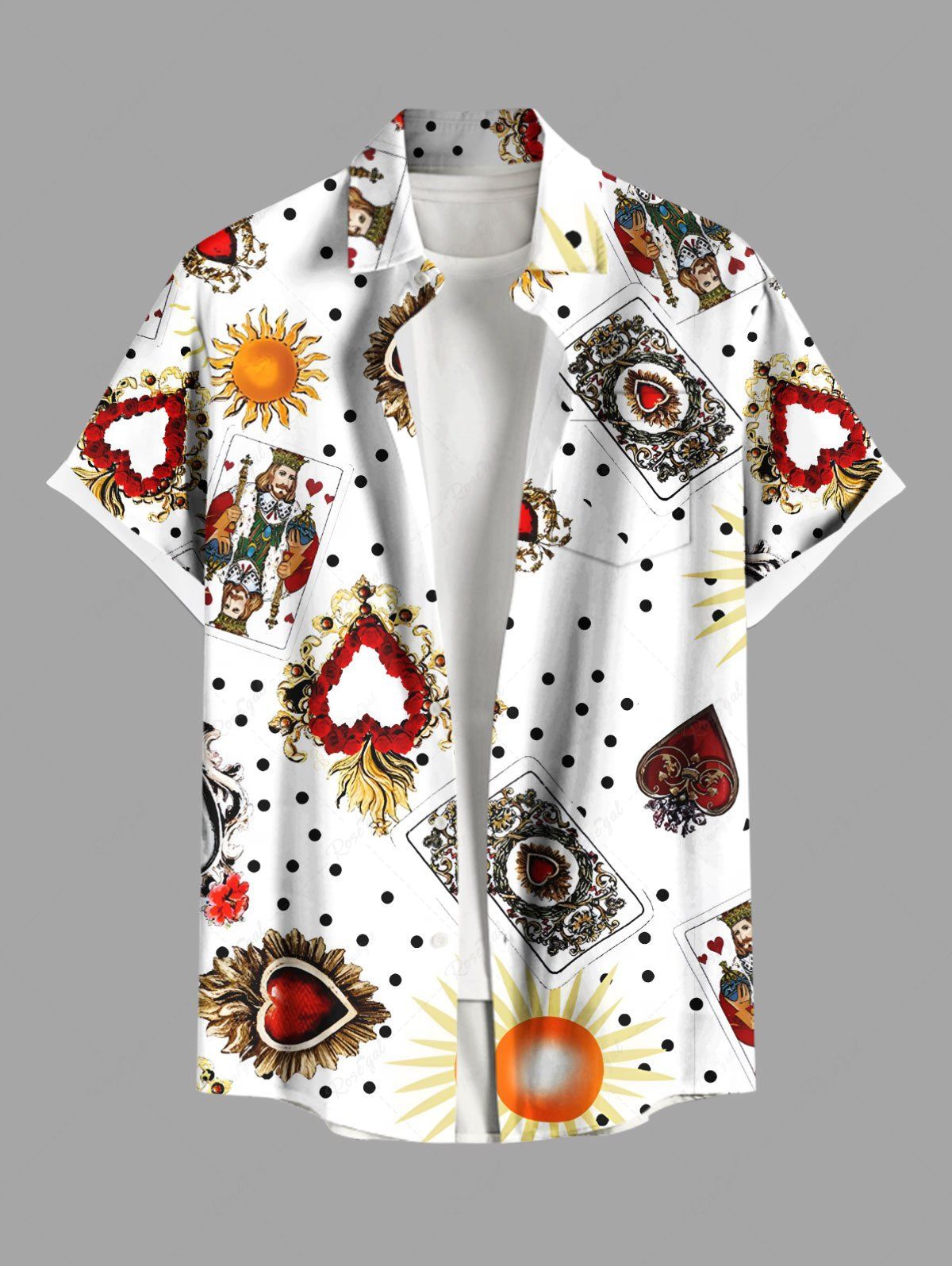 Chic Plus Size Poker Heart Sun Spotted Print Hawaii Button Pocket Shirt For Men  