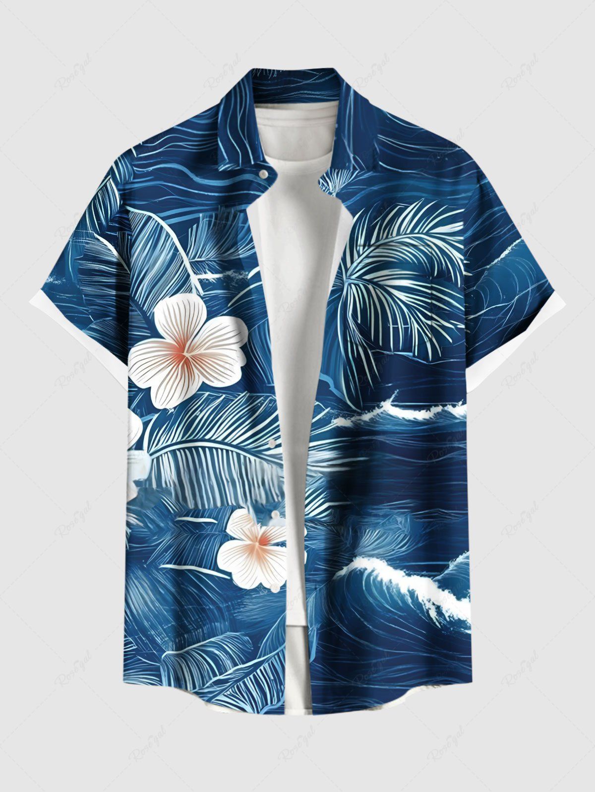 Cheap Plus Size Tropical Leaf Hibiscus Flower Sea Print Hawaii Button Pocket Shirt For Men  