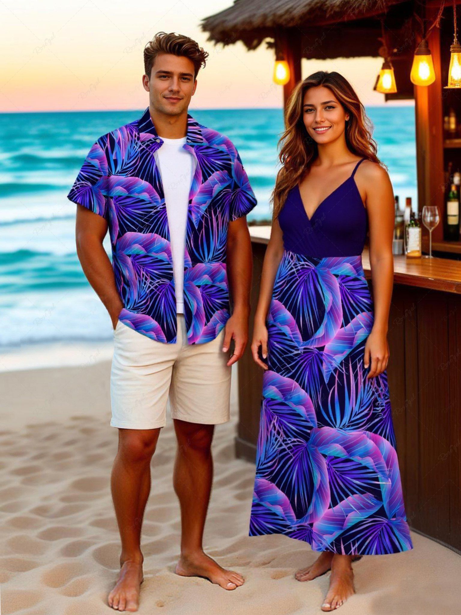 Tenue de plage hawaïenne assortie grande taille à imprimé feuilles tropicales pour couples Pourpre  