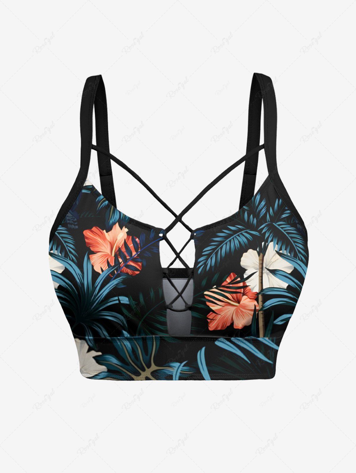 Unique Tropical Leaf Hibiscus Flower Print Hawaii Lace Up Tankini Top(Adjustable Shoulder Strap)  