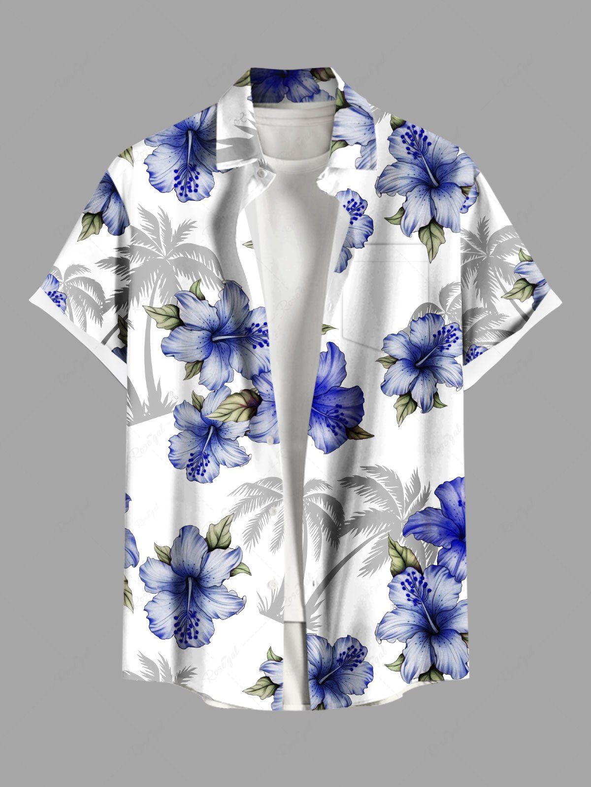 Outfit Plus Size Coconut Tree Hibiscus Flower Leaf Print Hawaii Button Pocket Shirt For Men  