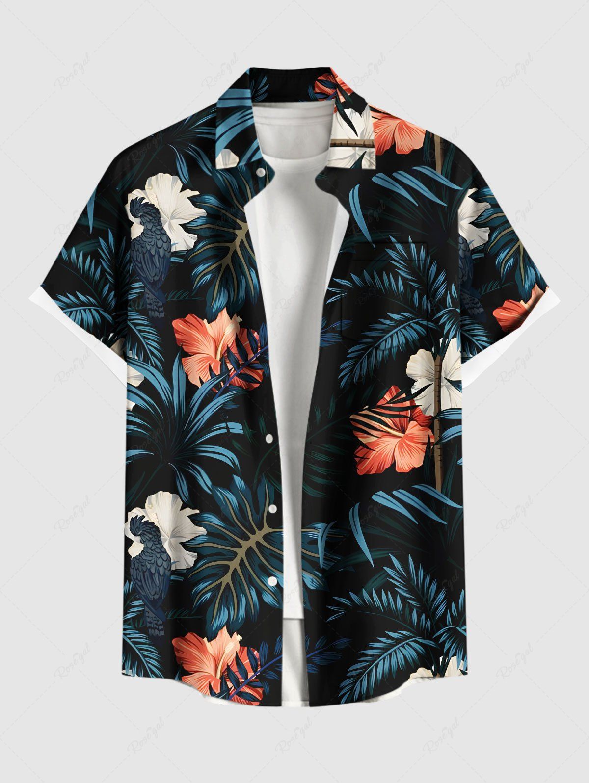 Shops Plus Size Tropical Leaf Hibiscus Flower Print Hawaii Button Pocket Shirt For Men  