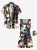Ensemble chemise et barboteuse hawaïennes assorties, grande taille, imprimé feuilles tropicales et fleurs d'hibiscus, pour couples - Noir 