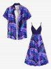 Tenue de plage hawaïenne assortie grande taille à imprimé feuilles tropicales pour couples - Pourpre  