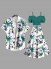 Tenue de plage hawaïenne assortie grande taille à imprimé feuilles tropicales et fleurs d'hibiscus pour couples - Vert 