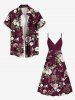 Tenue de plage hawaïenne assortie grande taille à imprimé floral et branches pour couples - Rouge foncé 