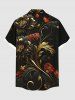 Chemise hawaïenne grande taille à imprimé floral et feuilles métallisées, boutons et poches pour homme - Noir M