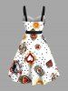 Robe trapèze hawaïenne grande taille à imprimé pois de soleil et cœurs de poker avec boutons et ceinture amovible - Blanc 1X