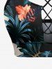 Tropical Leaf Hibiscus Flower Print Hawaii Lace Up Tankini Top(Adjustable Shoulder Strap) -  