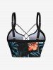 Tropical Leaf Hibiscus Flower Print Hawaii Lace Up Tankini Top(Adjustable Shoulder Strap) -  