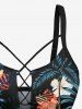 Tropical Leaf Hibiscus Flower Print Hawaii Lace Up Tankini Top(Adjustable Shoulder Strap) -  