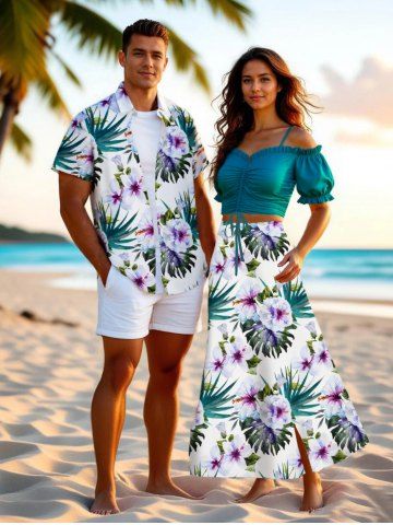Hibiscus Flowers Tropical Leaf Print Plus Size Matching Hawaii Beach Outfit For Couples - GREEN