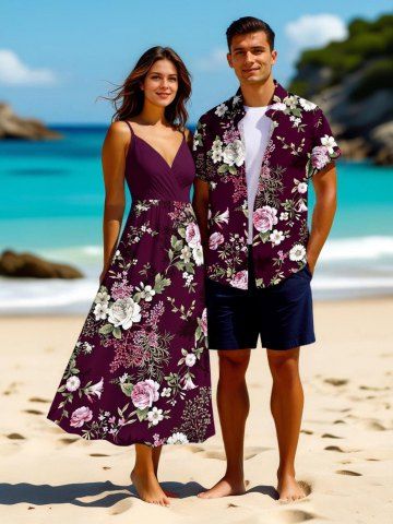 Flower Leaf Branch Print Plus Size Matching Hawaii Beach Outfit For Couples - DEEP RED