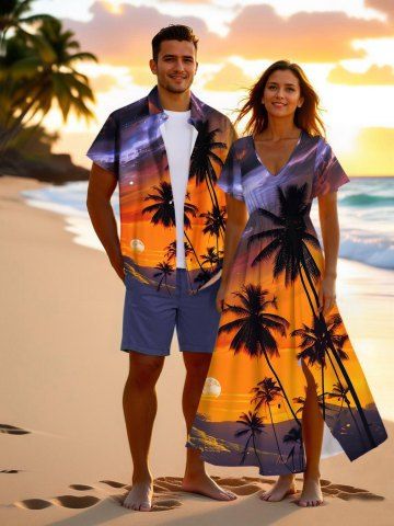 Coconut Tree Sunset Galaxy Print Plus Size Matching Hawaii Beach Outfit For Couples - ORANGE