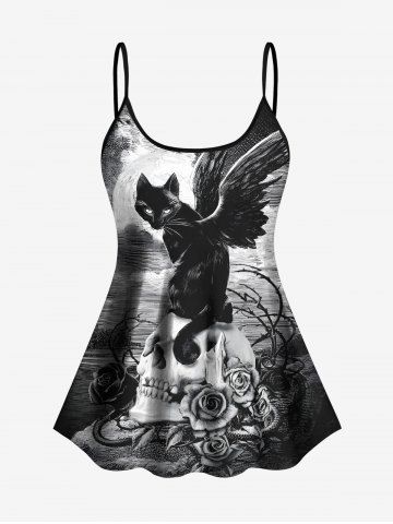 Cat Wing Rose Flower Skull Cloud Sky Print Tankini Top(Adjustable Shoulder Strap) - BLACK - 2X