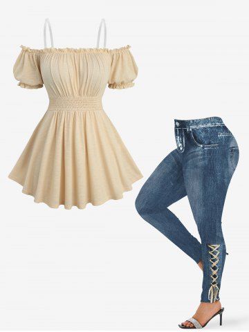 Haut froncé à taille élastique et leggings en denim ombré à lacets 3D, tenue grande taille - BEIGE