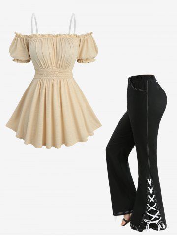 Haut froncé à taille élastique et pantalon évasé à poches et surpiqûres à lacets fendus, tenue grande taille - BEIGE