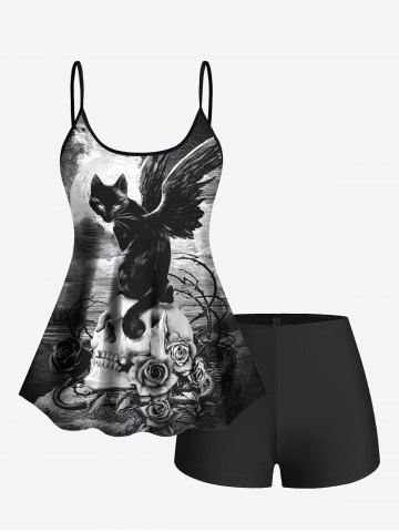 Cat Wing Rose Flower Skull Cloud Sky Print Tankini Top and Swim Bottom Plus Size Matching Set - BLACK