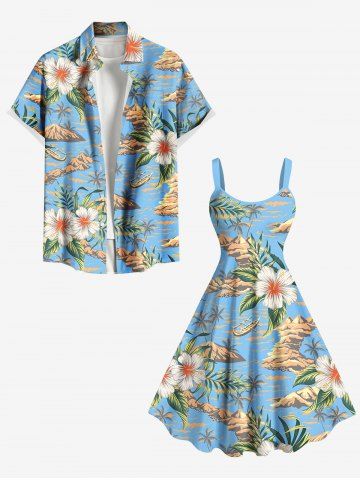 Coconut Tree Seascape Tropical Leaf Hibiscus Flower Print Plus Size Matching Hawaii Beach Outfit For Couples