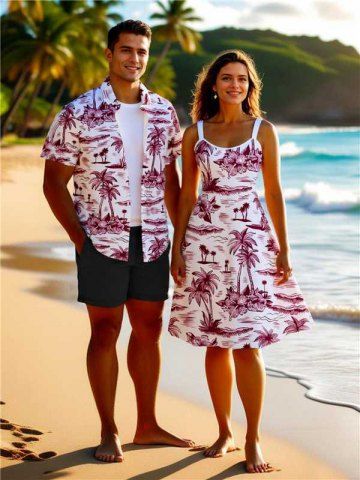 Coconut Tree Hibiscus Flower Sea Print Plus Size Matching Hawaii Beach Outfit For Couples