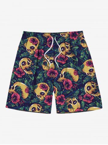 Plus Size Skull Tropical Leaf Hibiscus Flower Print Hawaii Drawstring Pocket Beach Shorts For Men - BLUE - 8XL