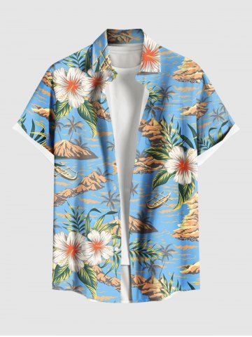 Plus Size Coconut Tree Seascape Tropical Leaf Hibiscus Flower Print Hawaii Button Pocket Shirt For Men