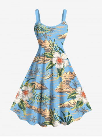Plus Size Coconut Tree Seascape Tropical Leaf Hibiscus Flower Print Hawaii A Line Tank Dress