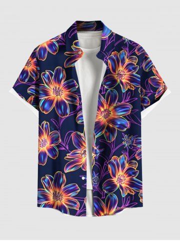 Plus Size Colorful Ombre Flower Print Hawaii Button Pocket Shirt For Men - BLACK - M