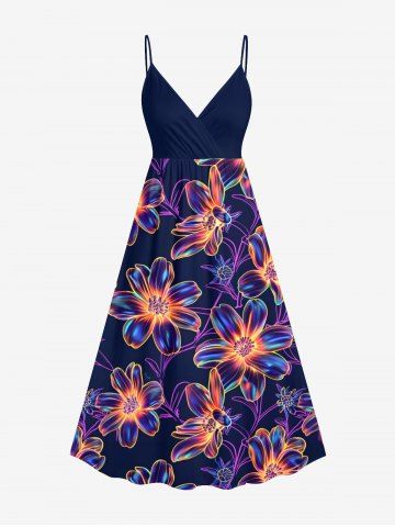 Plus Size Colorful Ombre Flower Print Hawaii Surplice A Line Cami Dress - BLACK - 6X