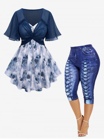 Watercolor Rose Print Lace Trim Cami Top and Twist Blouse and 3D Lace-up Jean Printed Capri Leggings Plus Size Outfit - BLUE