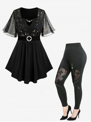 Star Print Chain Panel Belted T-Shirt and Cross Flocking Mesh Patchwork PU Leather Leggings Plus Size Outfit - BLACK