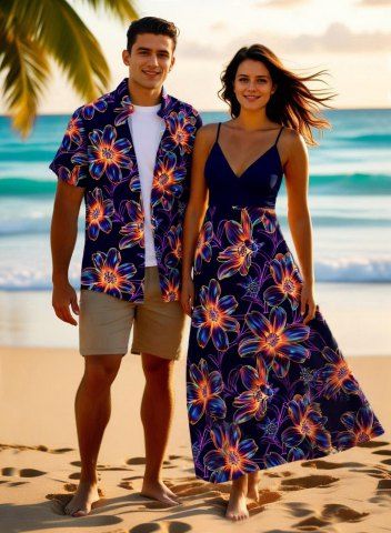 Colorful Ombre Flower Print Plus Size Matching Hawaii Beach Outfit For Couples - BLACK
