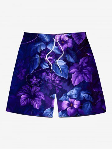 Plus Size Hibiscus Flowers Leaf Print Hawaii Beach Shorts For Men - BLUE - 8XL
