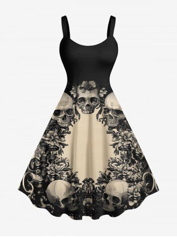 Plus Size Skulls Flowers Print Hawaii Tank Dress - BLACK - 6X