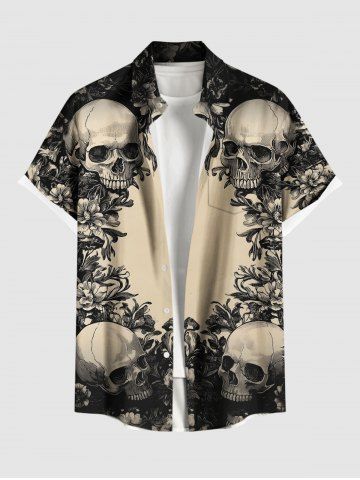 Plus Size Skulls Flowers Print Buttons Pocket Hawaii Shirt For Men - LIGHT COFFEE - XL