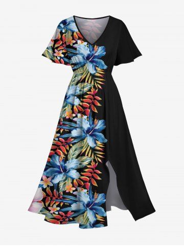Plus Size Hibiscus Flowers Leaf Tropical Print Split Hawaii Midi Dress - BLACK - XXS