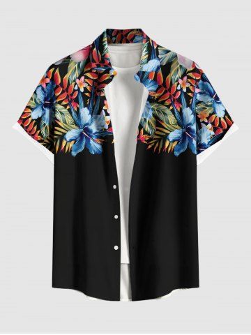 Plus Size Hibiscus Flowers Leaf Tropical Print Buttons Pocket Hawaii Shirt For Men - BLACK - 5XL