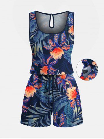 Plus Size Flowers Dots Leaf Print Cinched Hawaii Romper - BLUE - S