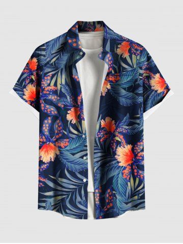 Plus Size Flowers Dots Leaf Print Buttons Pocket Hawaii Shirt For Men - BLACK - M