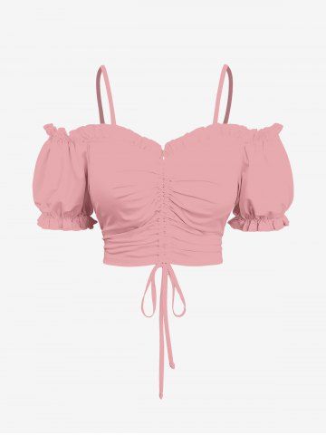 Plus Size Cinched Ruched Ruffles Cold Shoulder Cami Top - LIGHT PINK - 4X