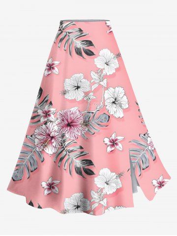 Plus Size Hibiscus Flower Tropical Leaf Print Split Hawaii Skirt