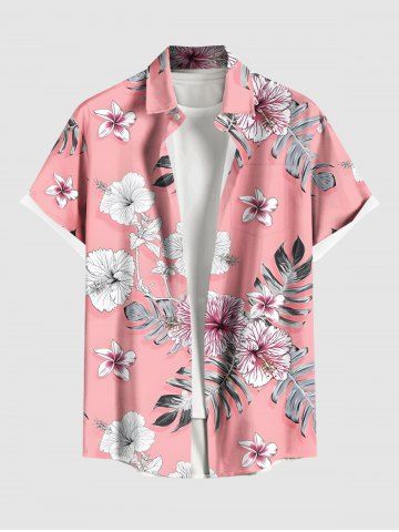 Chemise hawaïenne grande taille à imprimé feuilles tropicales et fleurs d&#39;hibiscus, avec poches et boutons, pour homme - LIGHT PINK - 6XL
